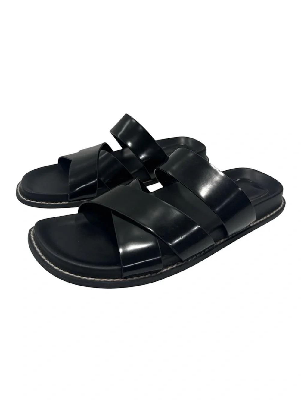 Zara Black Leather Double-Strap Slide Sandals